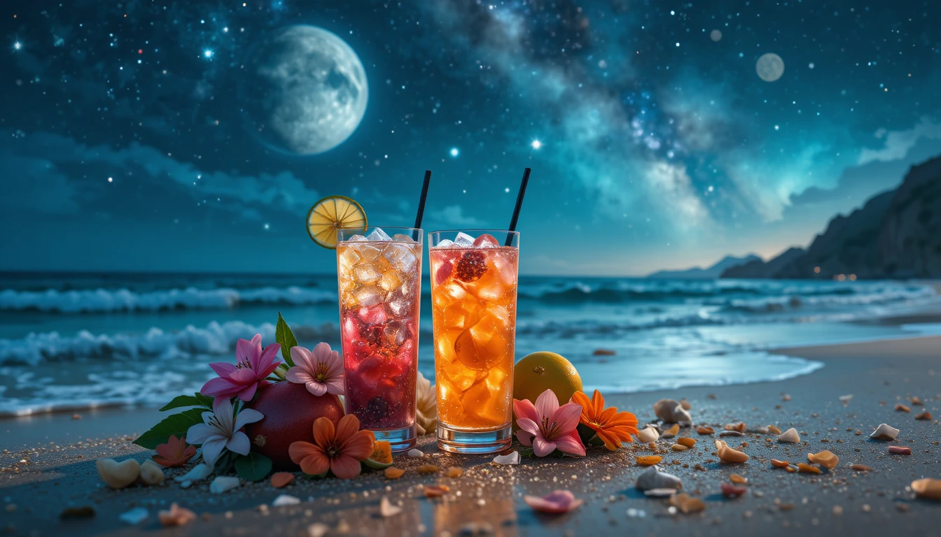 月明かりのビーチと異星のフルーツが織りなす夢のようなカクテル