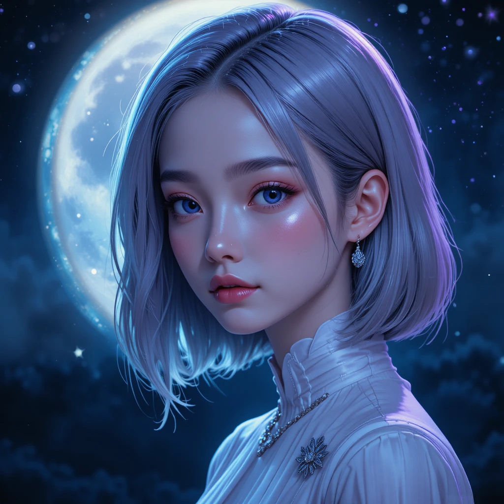 Fille d’anime aux cheveux argentés sous un ciel lumineux au clair de lune