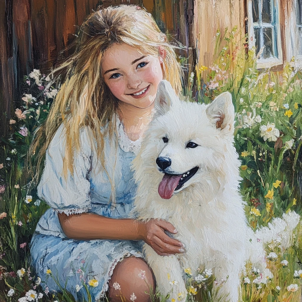 Smiling blonde girl playing with white dog in garden