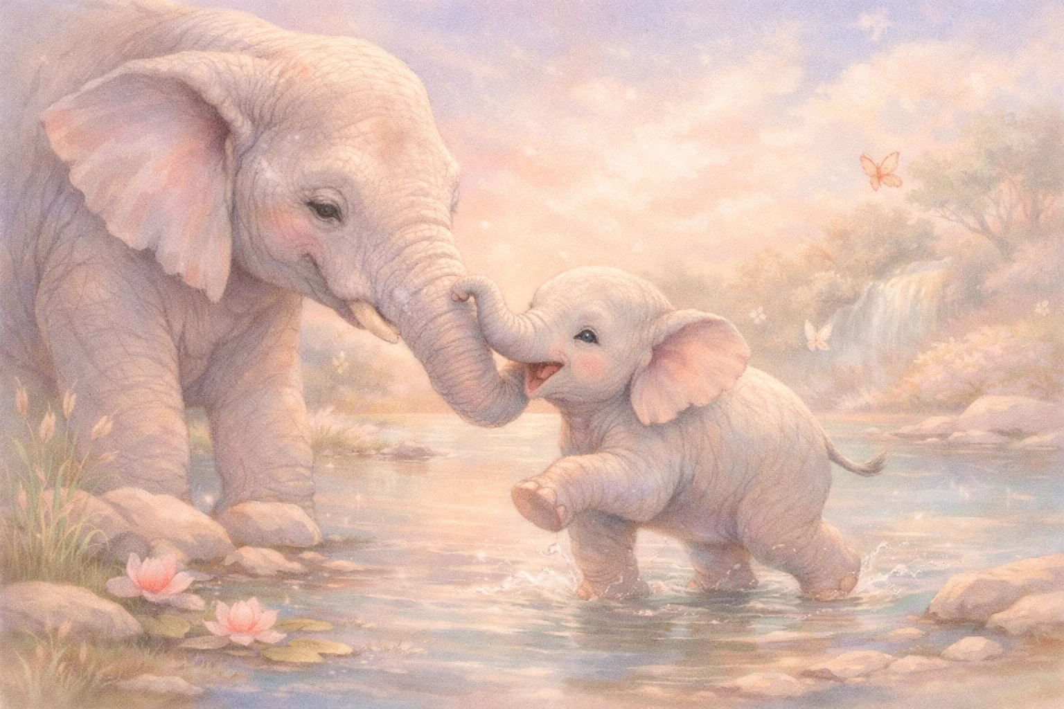 Filhote de elefante com a mãe em um tranquilo lago em tons pastéis