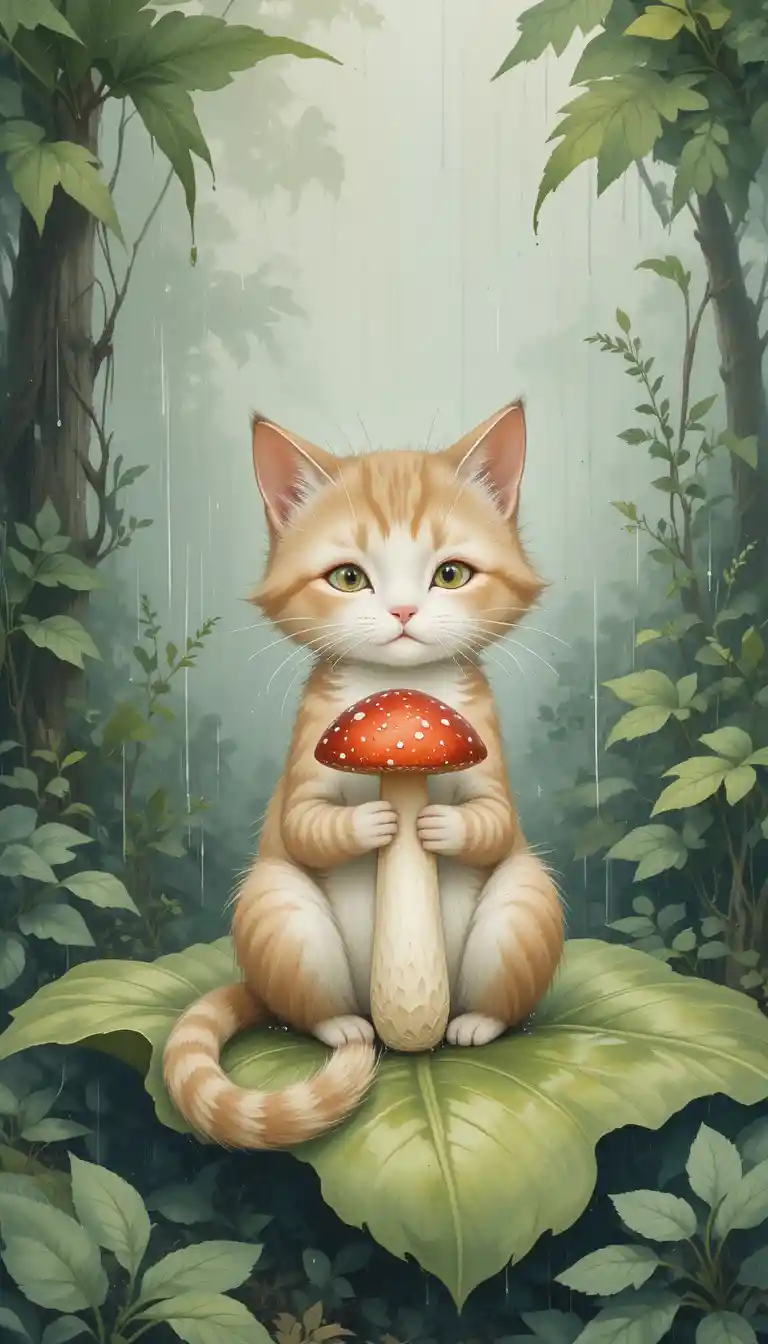 Cat Sheltering A Red Mushroom On Rainy Forest Leaf