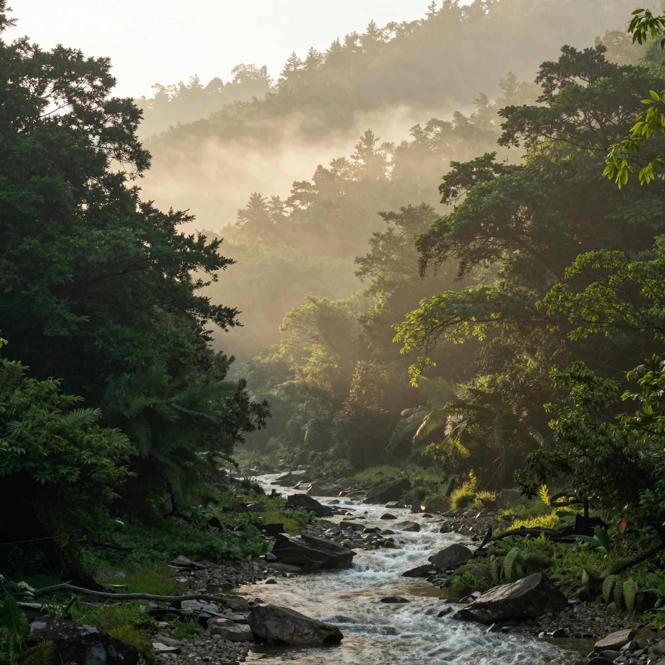 Nebliges Bergtal mit Waldfluss im sanften Licht der Morgendämmerung
