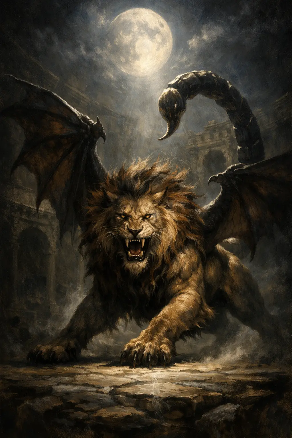 Wildmantikor in einer mondbeschienenen Arena – Chiaroscuro-Gemälde