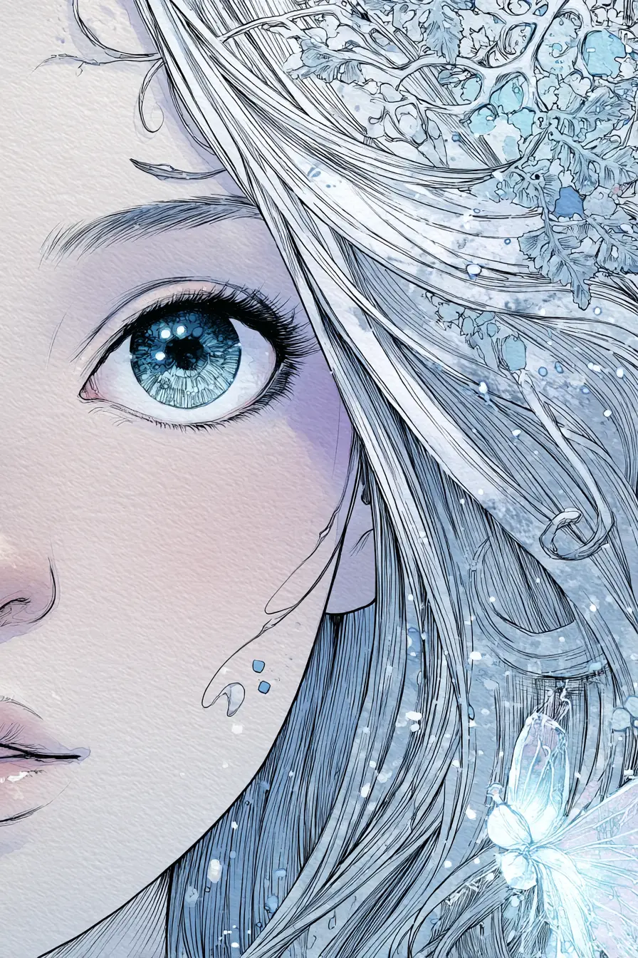 Portrait Éthéré de Fille d’Hiver aux Yeux Bleu Glace Lumineux