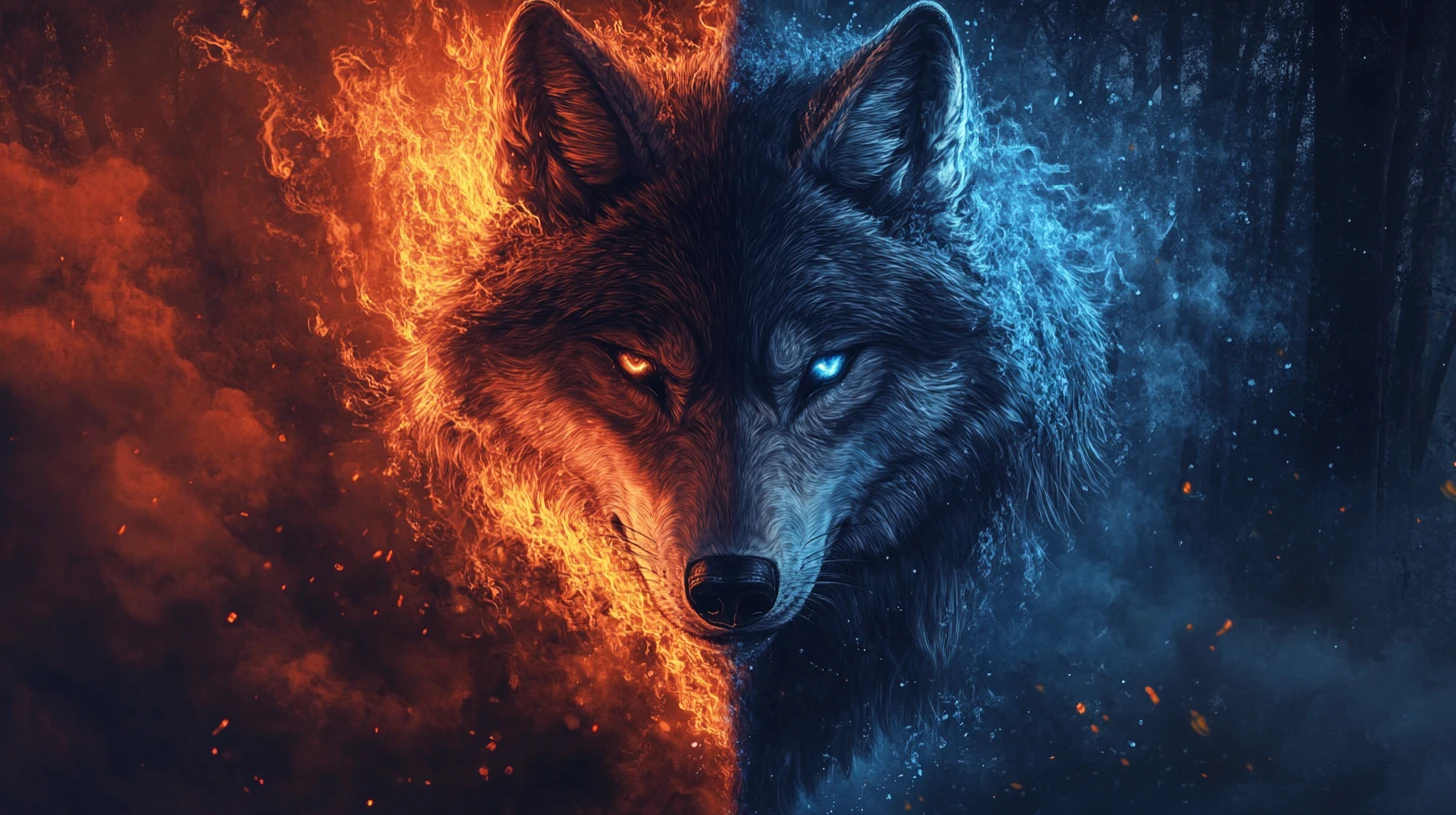 Lobo elemental majestoso dividido entre reinos de fogo e gelo