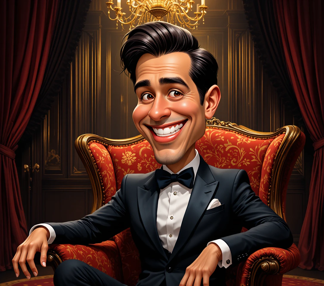 Fröhlicher Karikatur-Gentleman in einem luxuriösen roten Sessel