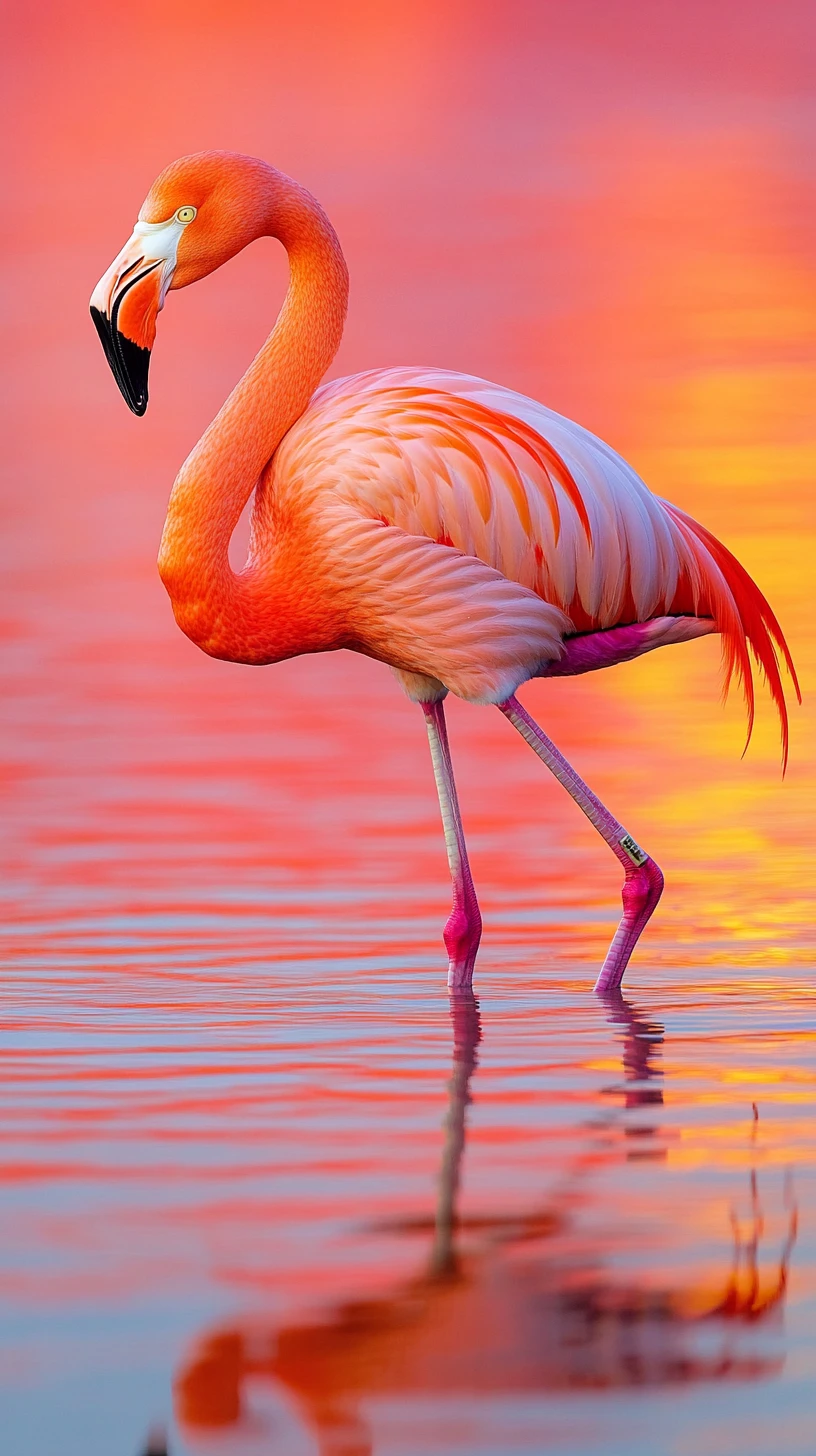 Flamingo elegante em água turquesa brilhante ao pôr do sol