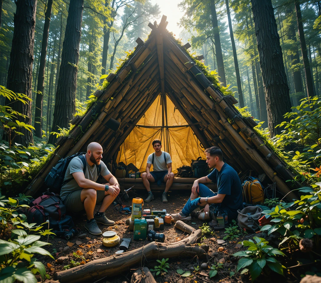 Drei Männer bauen einen Überlebensunterstand im dichten Wald