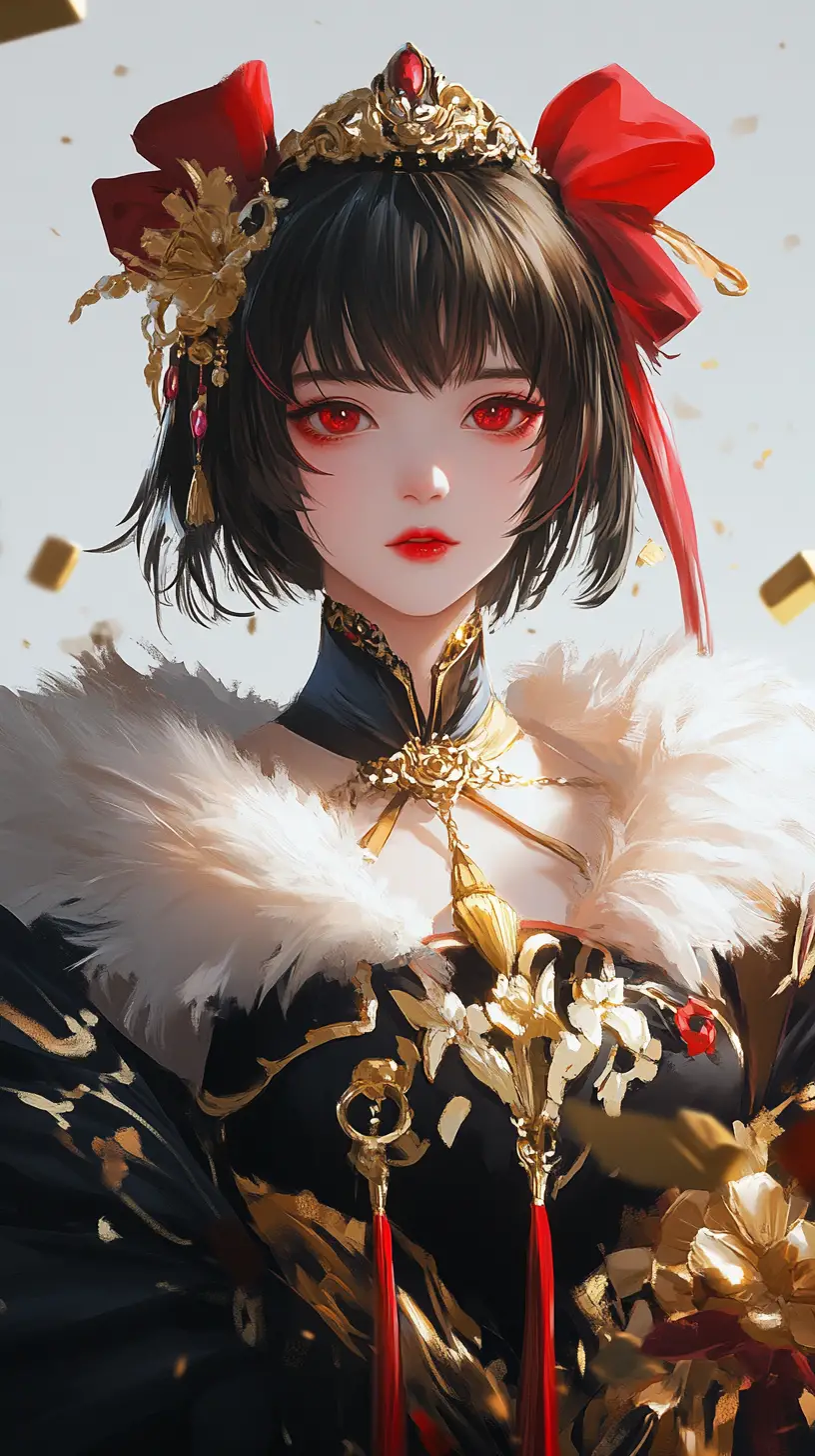 穿著華麗黑金節慶服裝的優雅動漫女孩