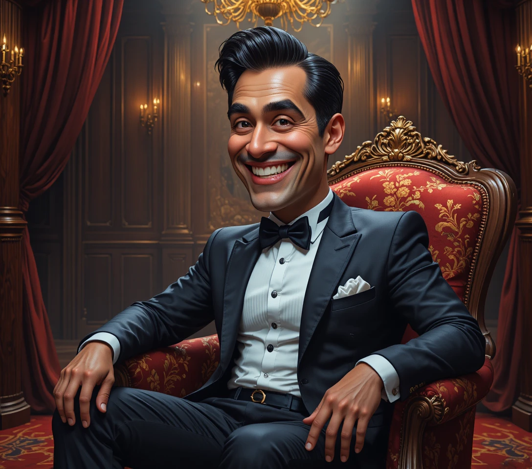 Homem sorridente de smoking em uma luxuosa poltrona vermelha
