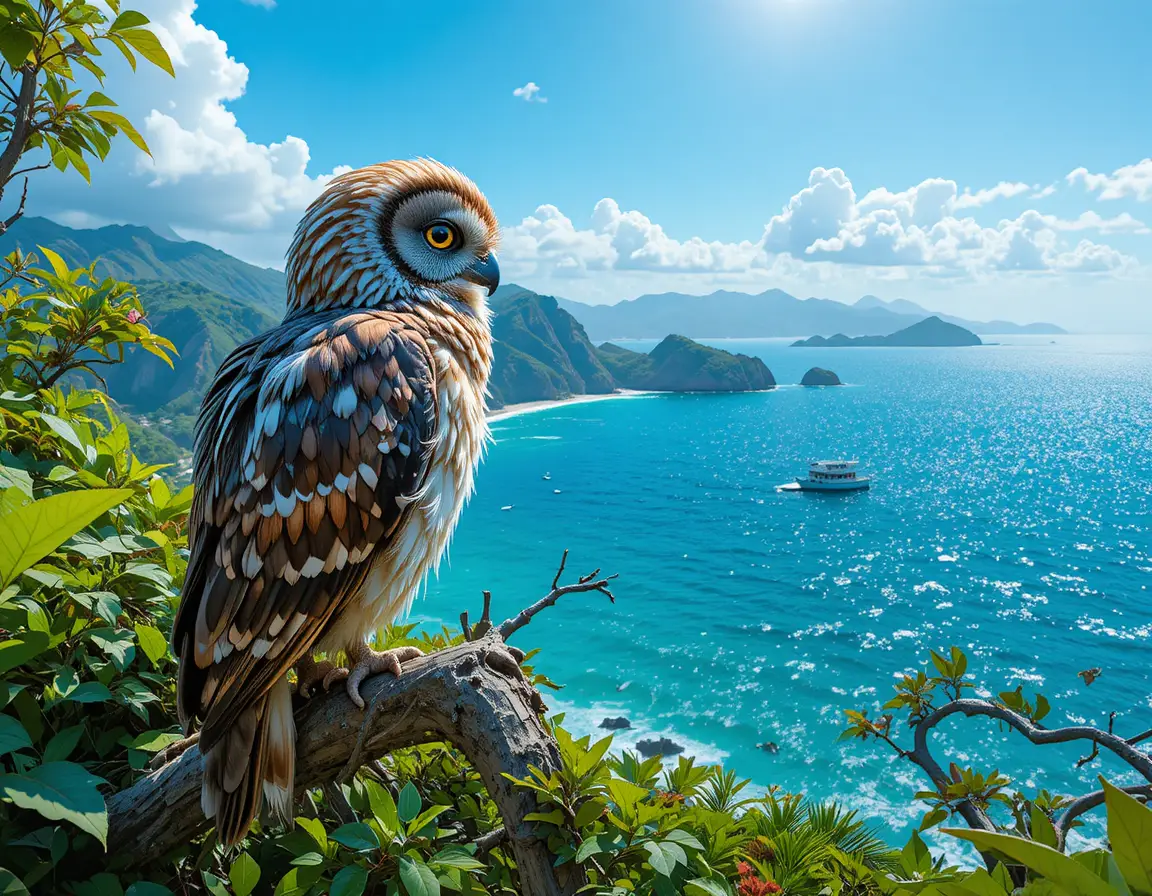 Majestic falcon perched on a lush tropical tree branch
