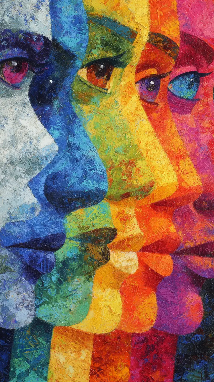 Row of floating colorful faces dissolving into abstract shapes