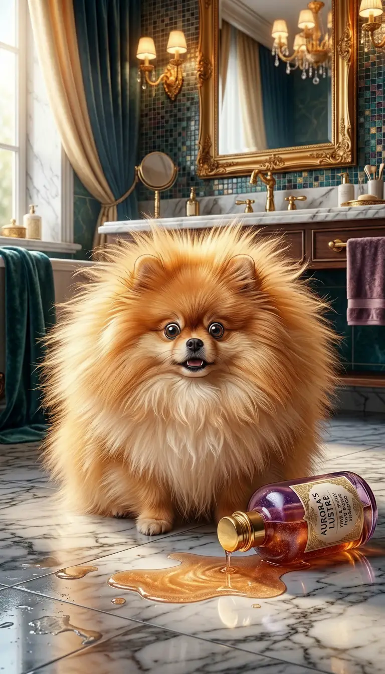 豪華浴室裡毛髮炸開的蓬鬆博美犬