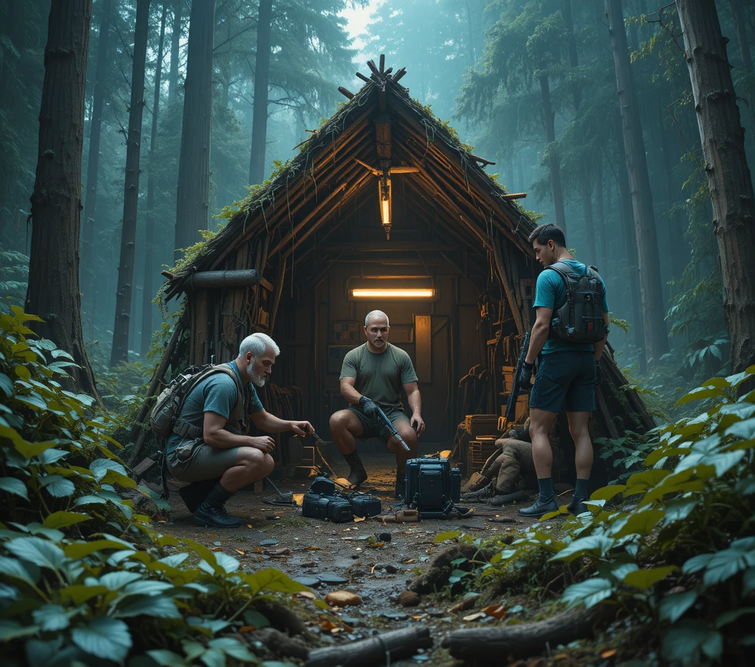 Tres hombres construyendo un refugio de supervivencia en un bosque denso