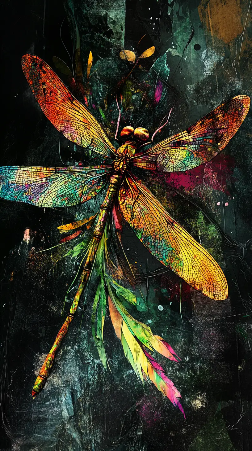 Surreal dragonfly illustration with grass body and dark abstract background