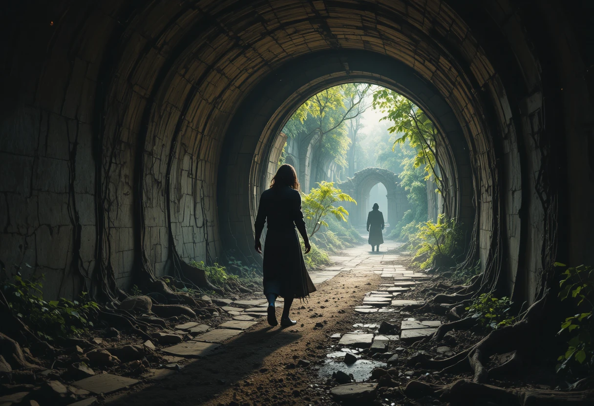 Figura solitaria che emerge da un antico tunnel oscuro