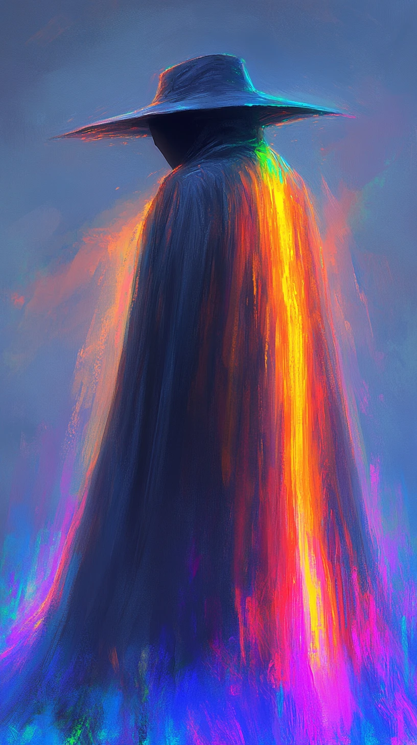 Silhouette mystérieuse encapuchonnée avec traînées de lumière néon arc-en-ciel