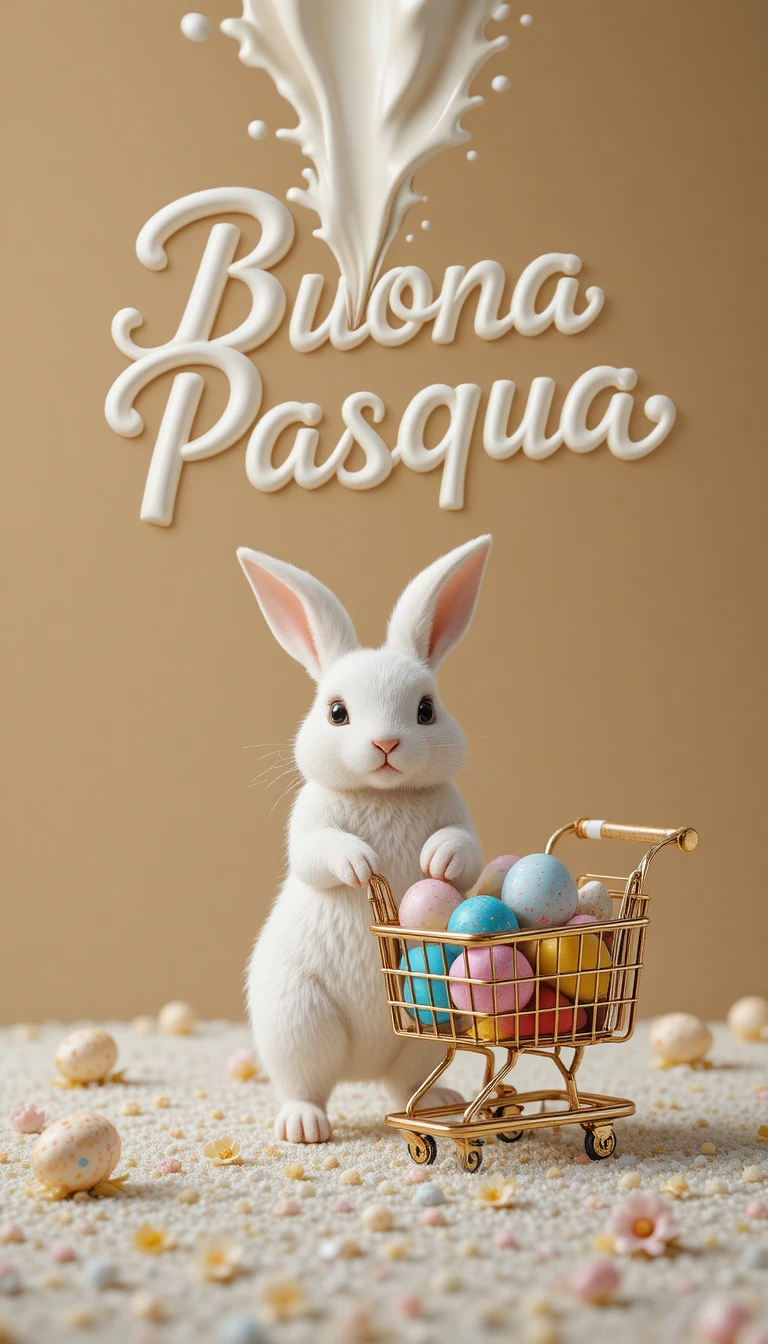 Coelho branco empurrando carrinho com ovos de Páscoa coloridos