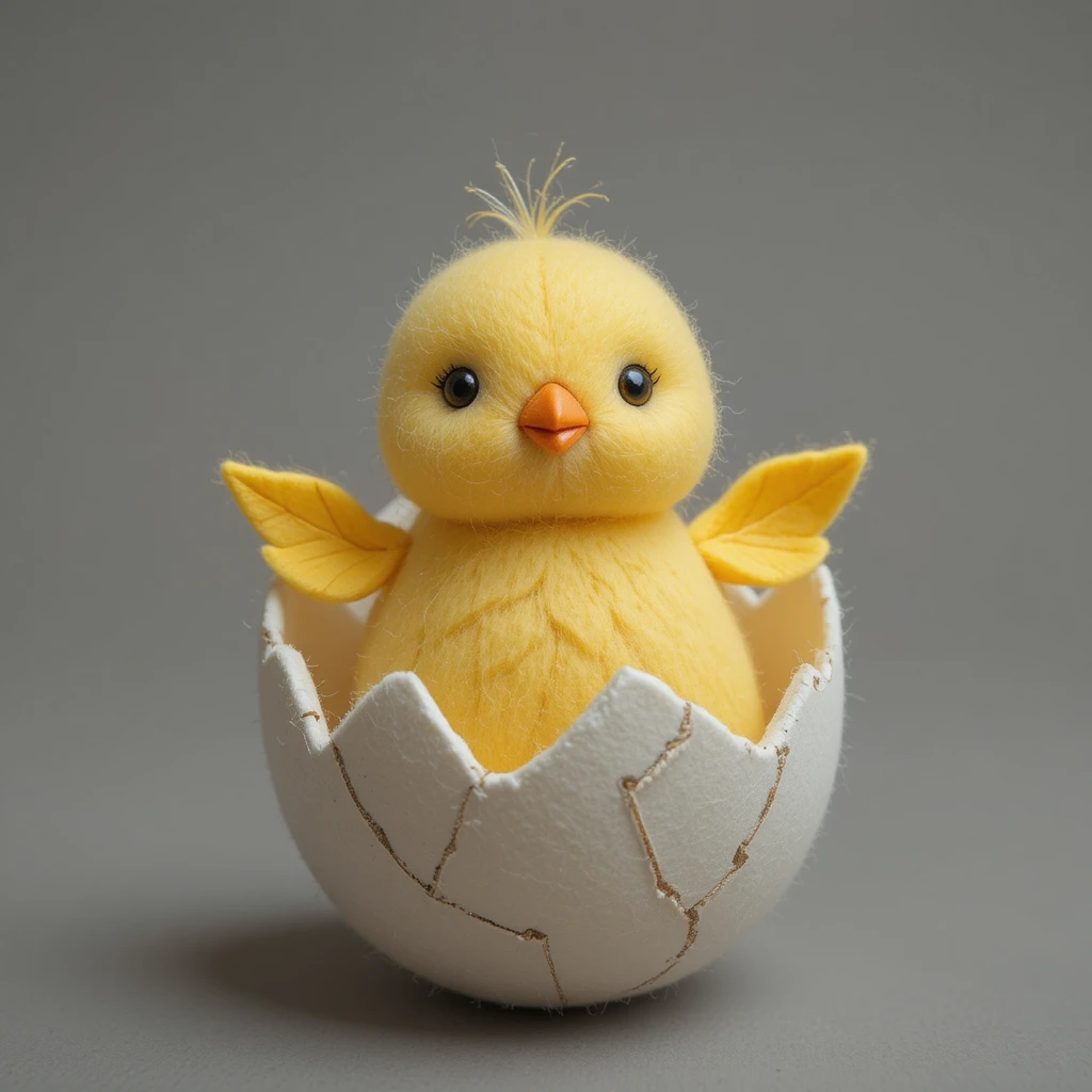 Cute felt newborn chick emerging from cracked white egg