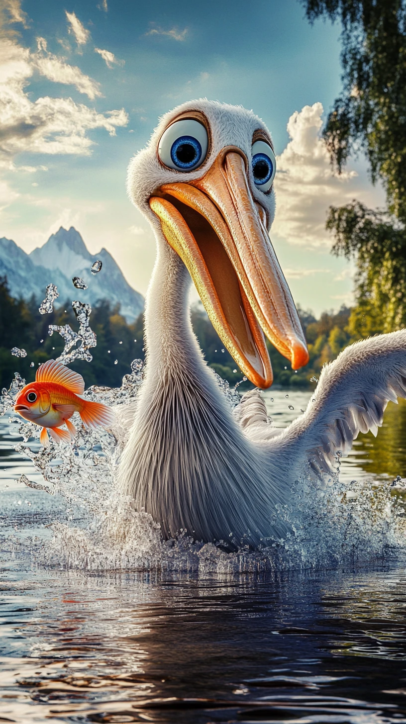 Cartoon pelican splashing playfully at the edge of a lake