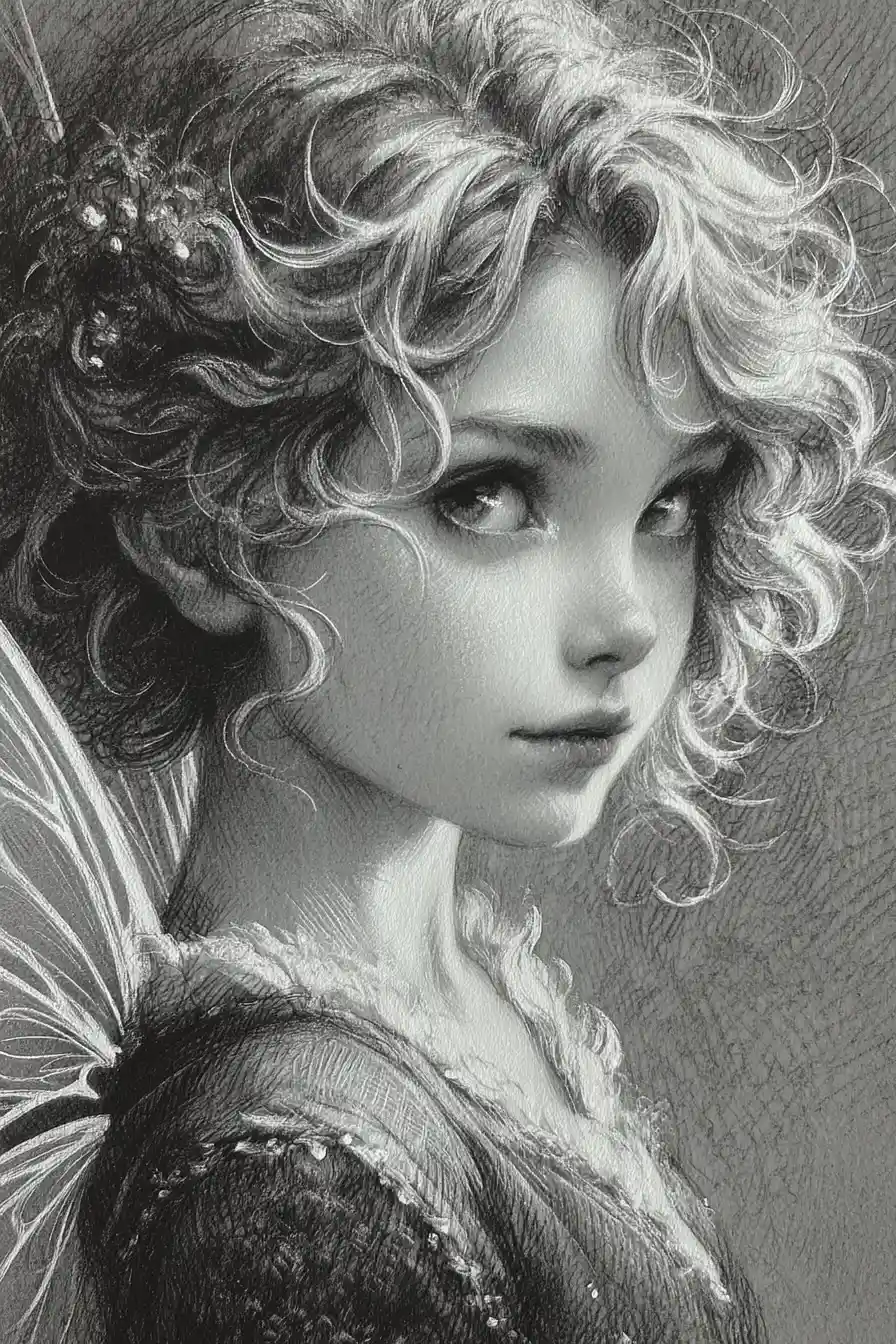 Ethereal fairy profile drawing with delicate wings