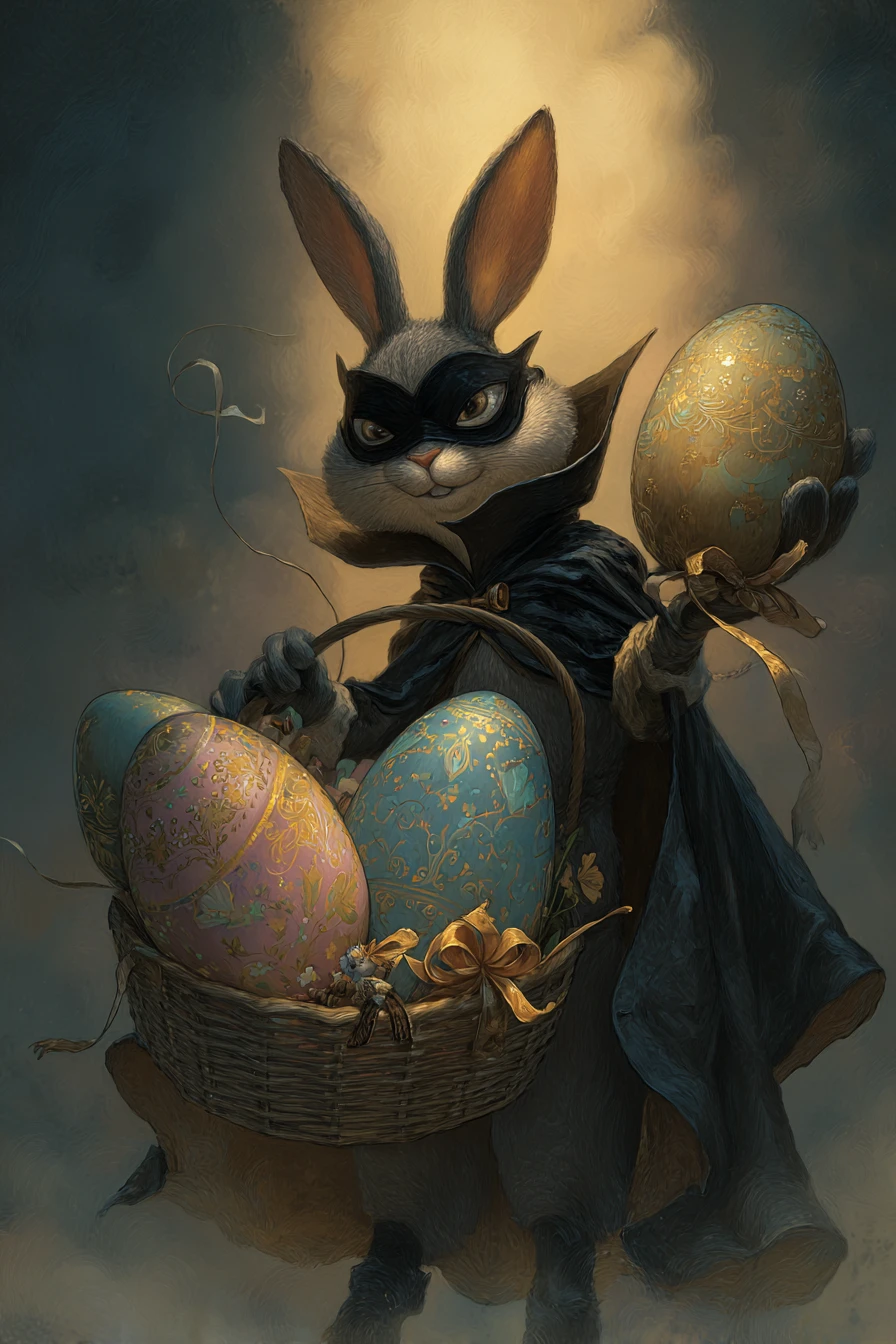 Coelho mascarado brincalhão roubando ovos de Páscoa em tons pastel ao crepúsculo