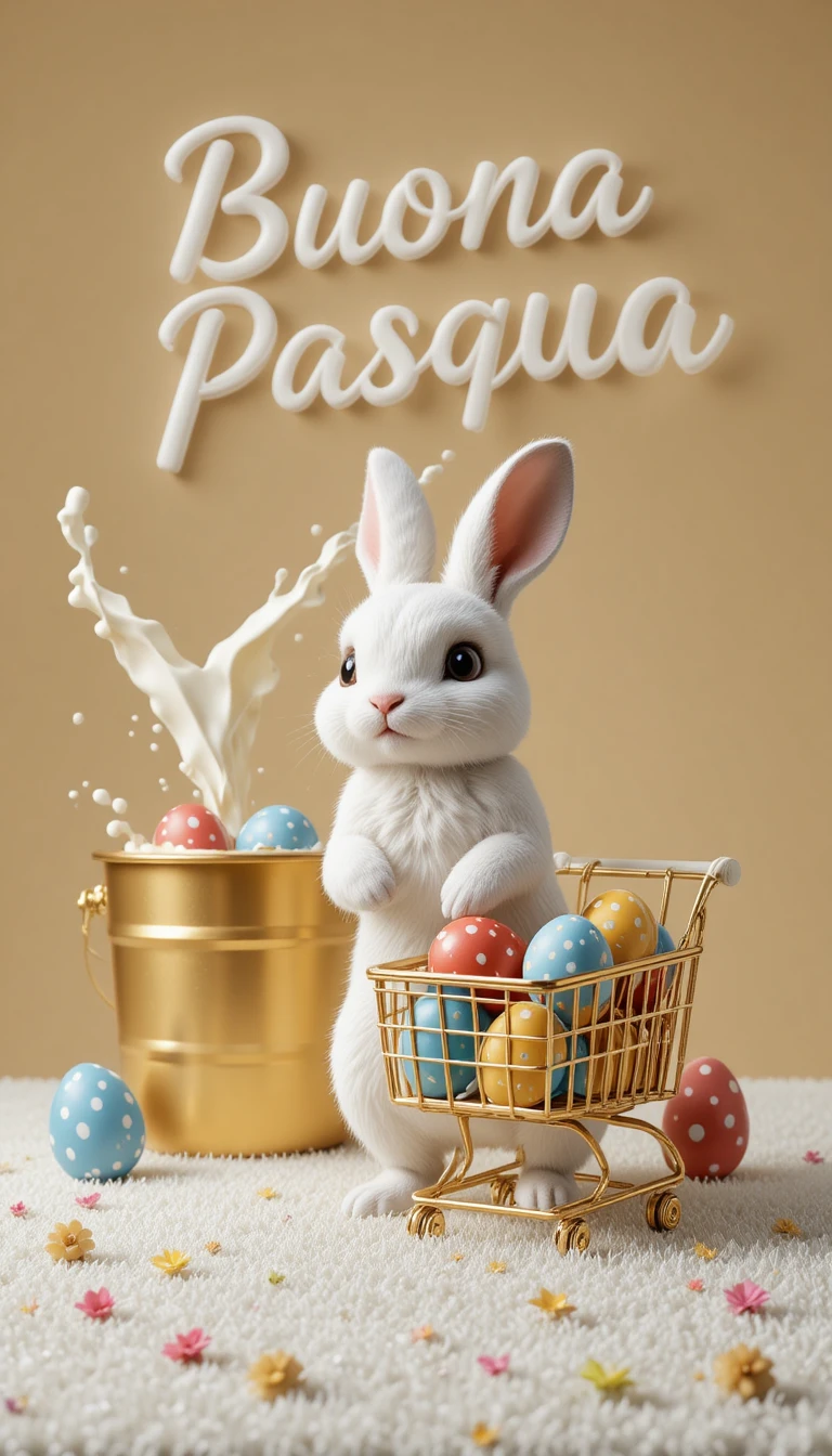Coelho branco com carrinho de ovos de Páscoa coloridos