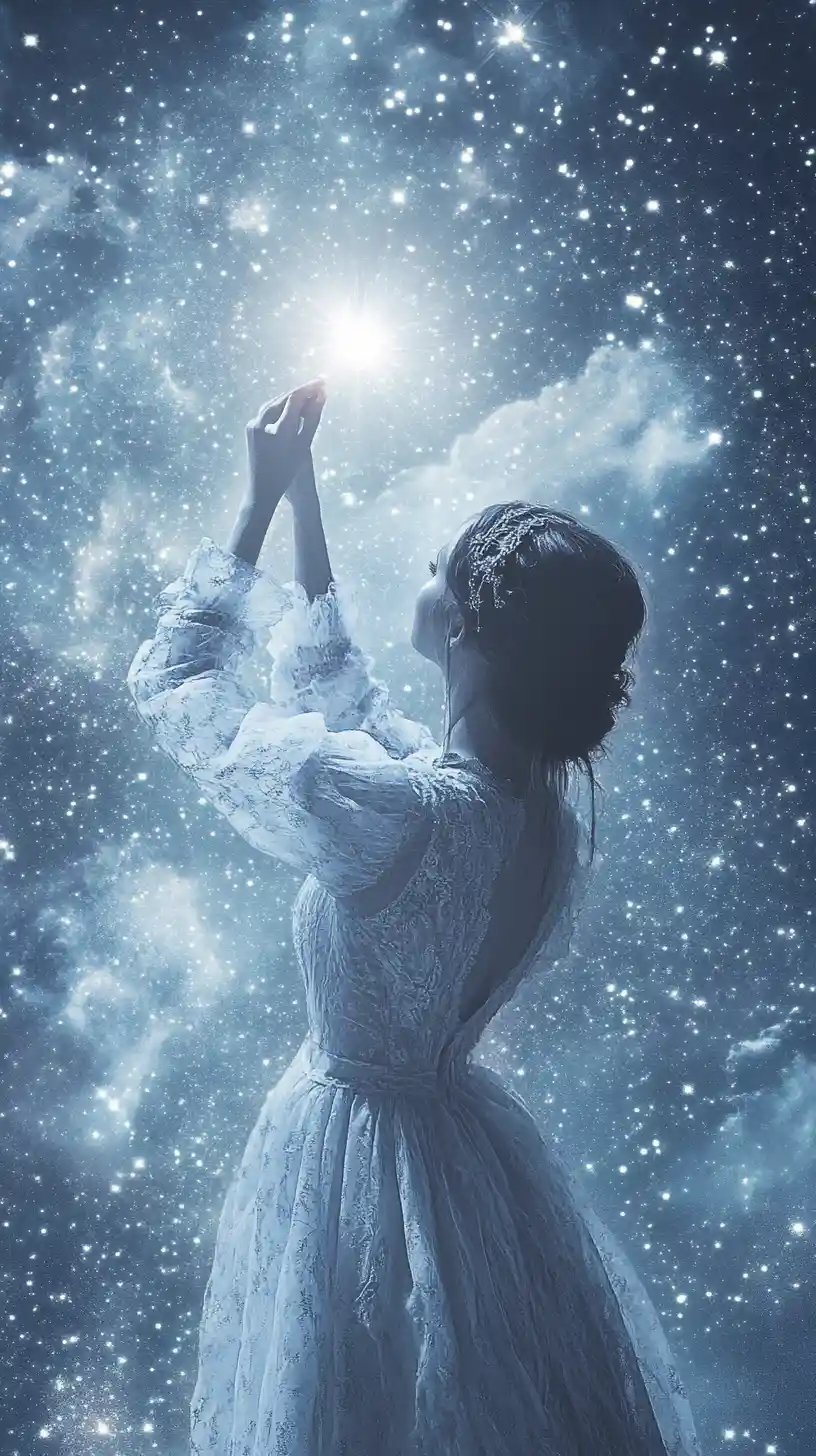Woman reaching for a single star in a vast sky