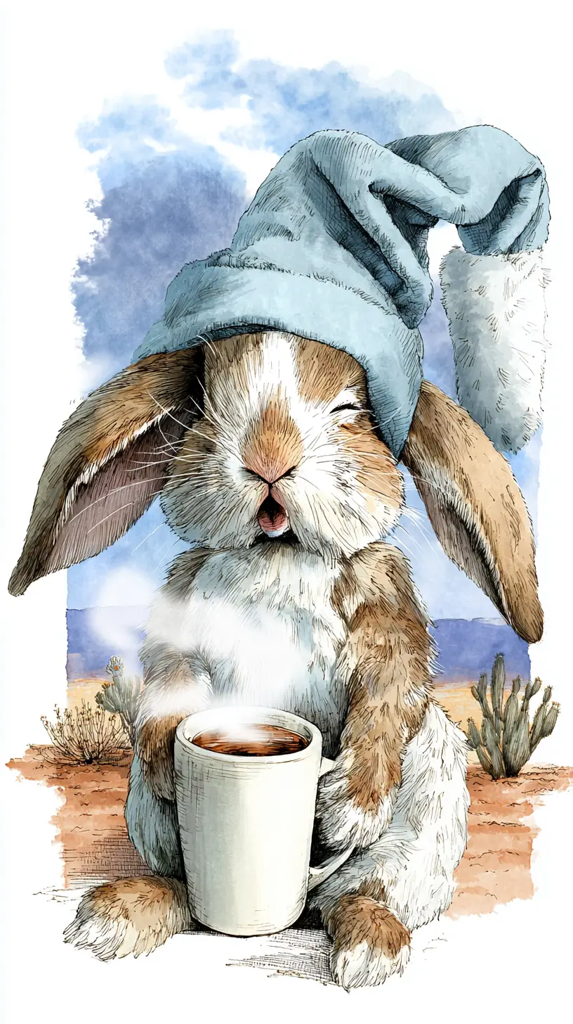 Müder Osterhase gähnt mit Kaffee auf einer Wiese
