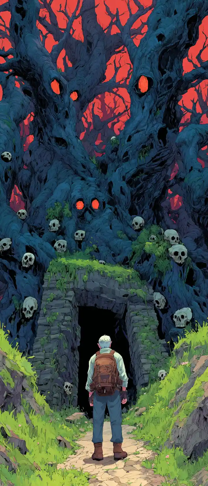 Anime traveler at the entrance of a cursed forest