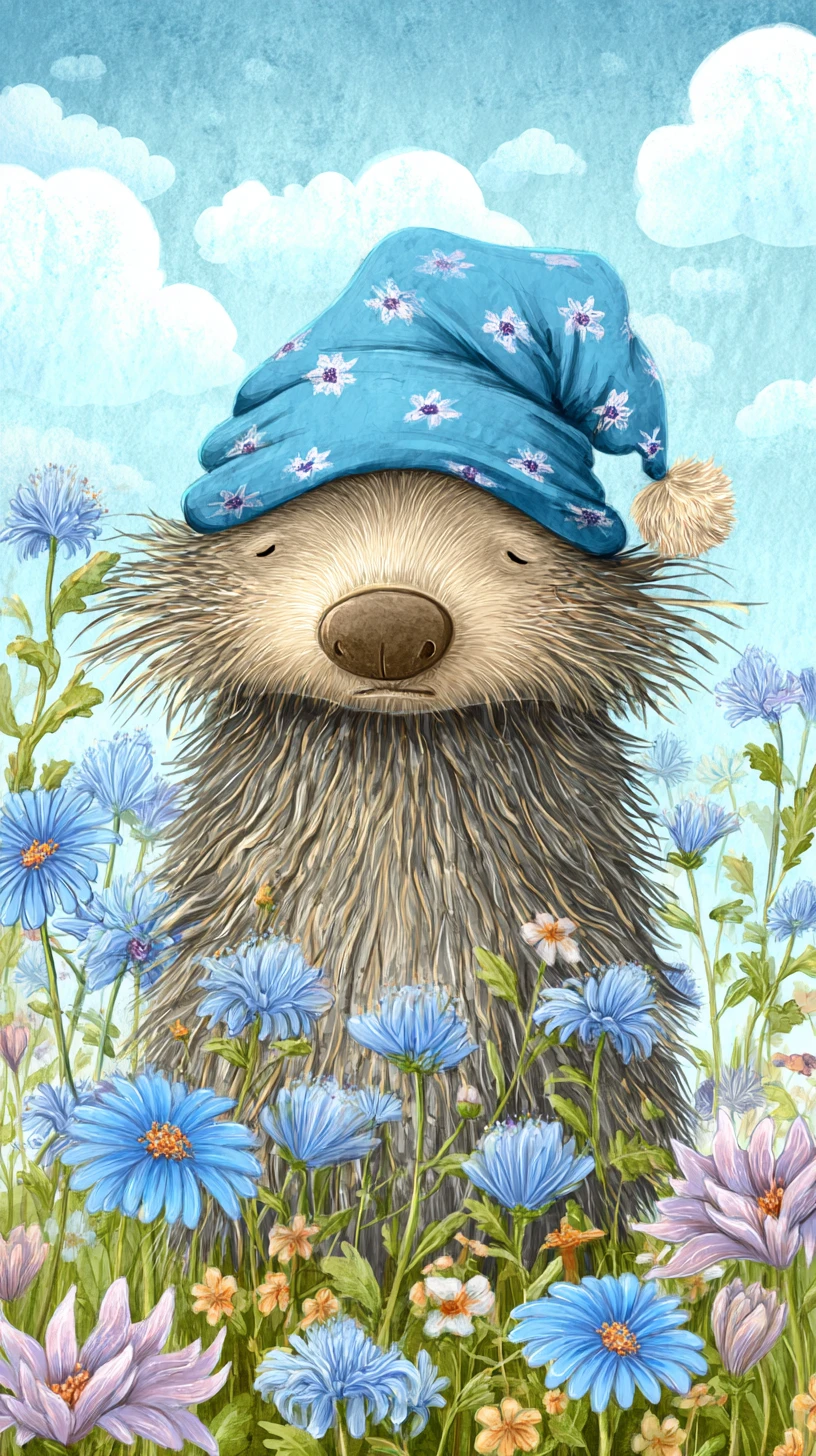Schläfriges Cartoon-Stinktier auf einer Blumenwiese im Aquarellstil