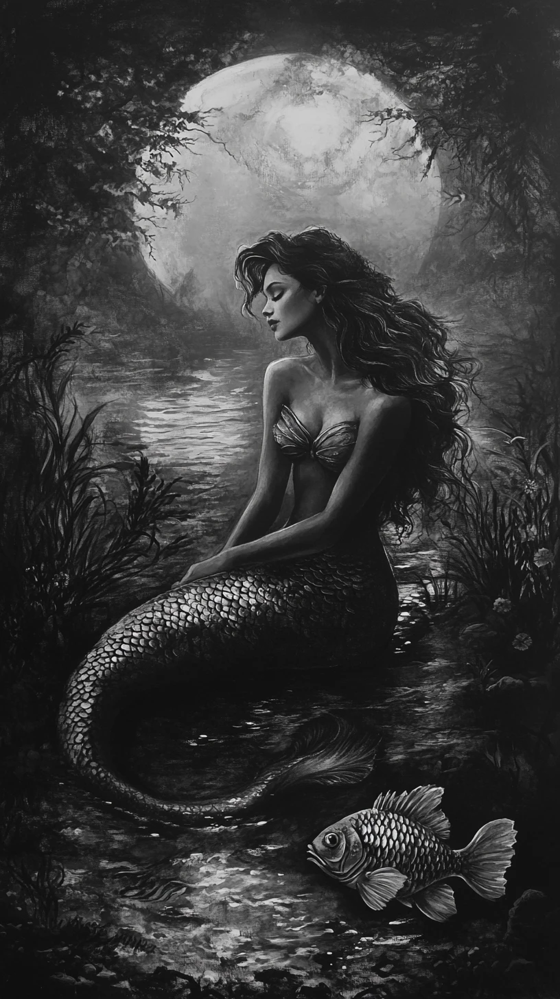 Retrato a carvão de uma sereia mística em um mar sombrio