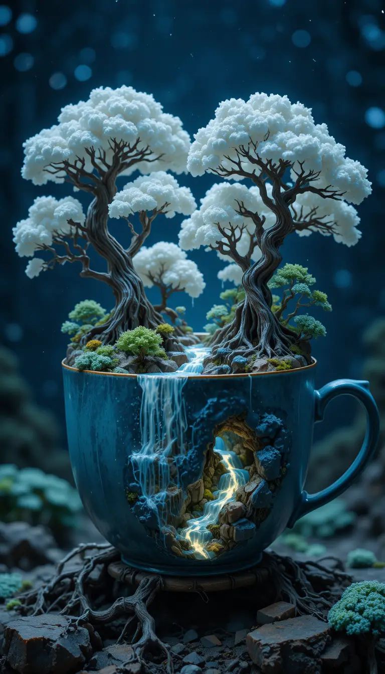 充滿發光河流與雲朵樹的微觀茶杯世界