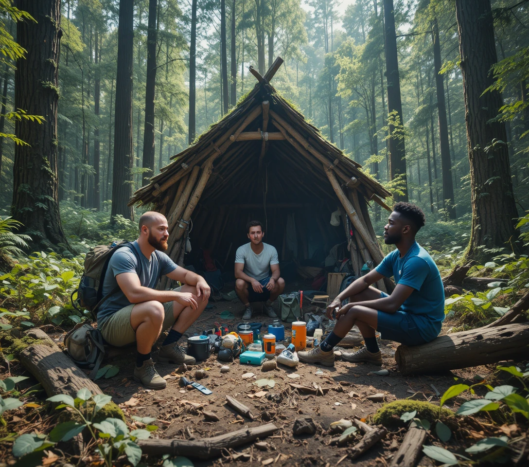 Drei Männer bauen einen provisorischen Unterschlupf im dichten Wald