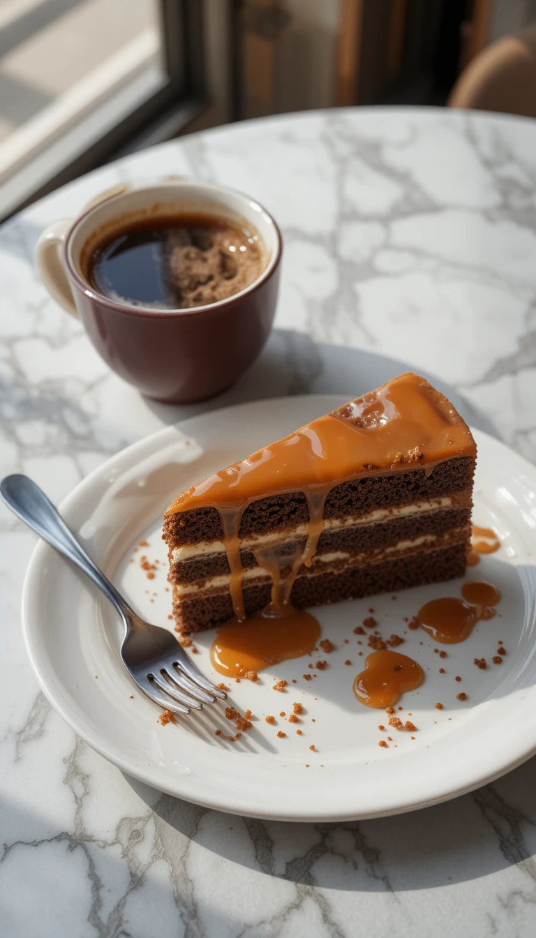 Karamellkuchen-Stück mit Espresso auf weißem Teller