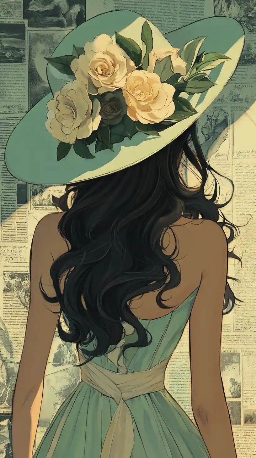 Anime woman in floral dress with wide brim hat
