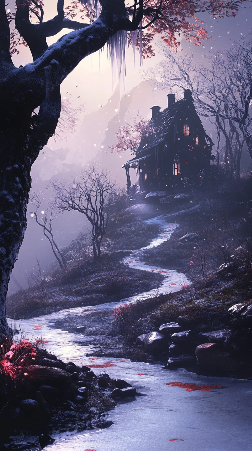 Surreal winter cottage within a giant leaf silhouette