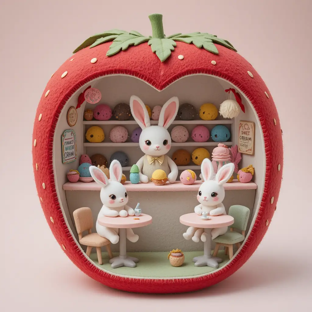 Sorveteria de Morango de Feltro com Coelhinhos Fofos Dentro