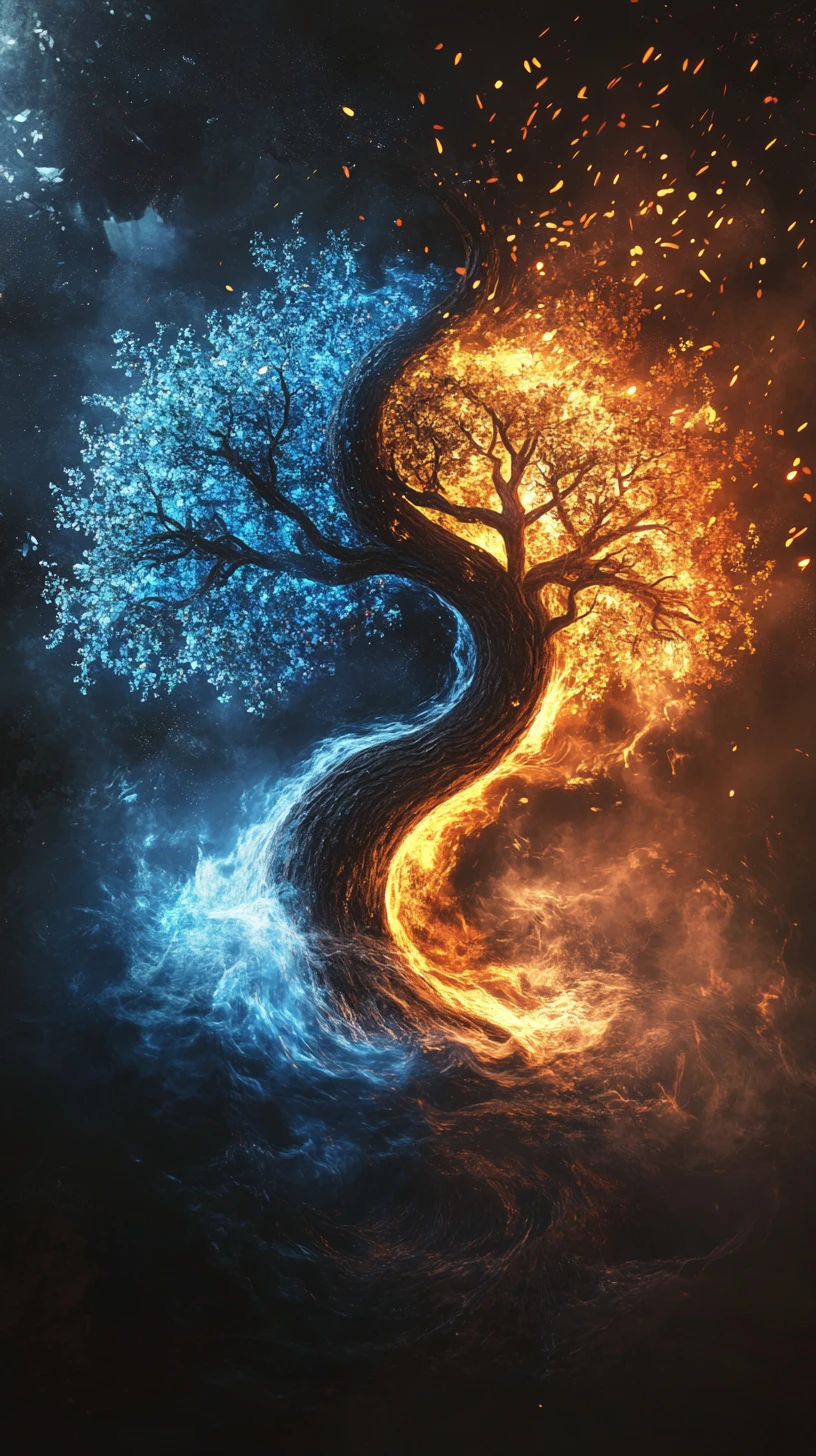 Elemental yin yang of water and fire in fantasy balance