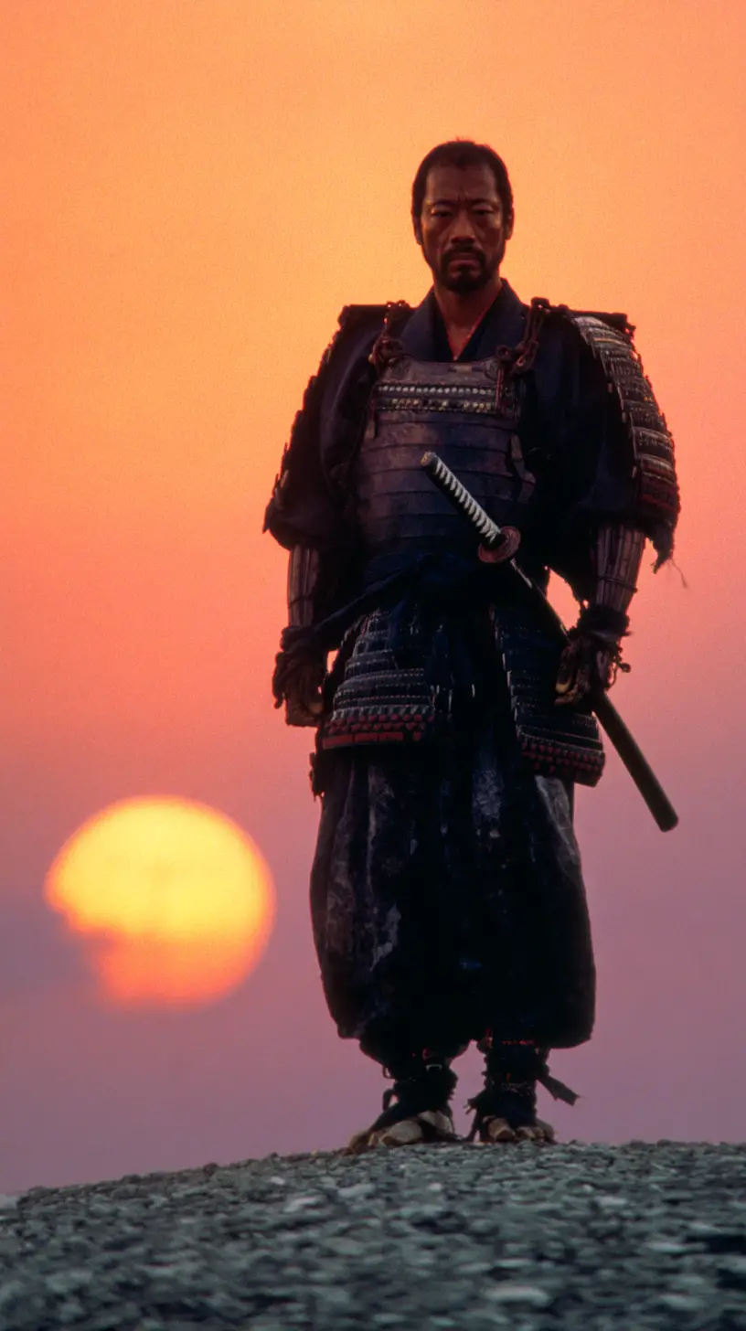 Samurai-Krieger auf windgepeitschtem Hügel bei glühendem Sonnenuntergang