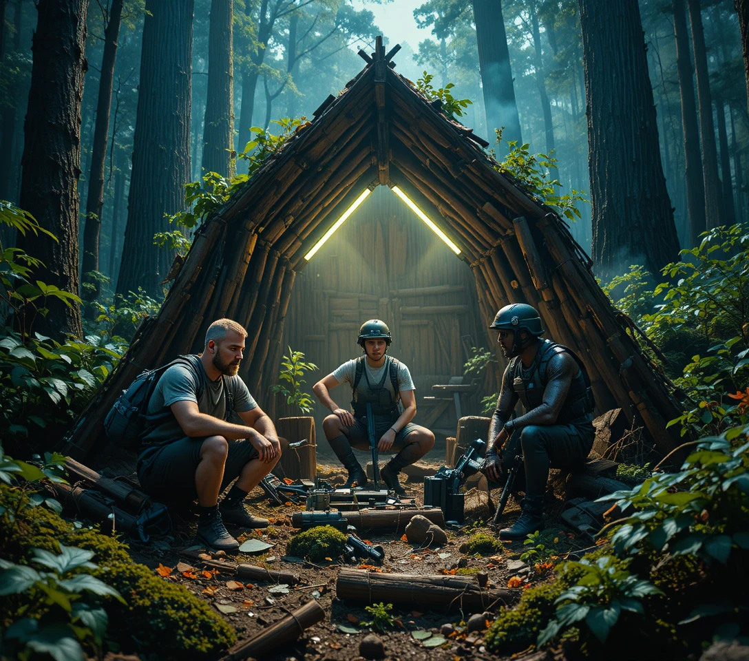 Survival team building a rough shelter in dense forest