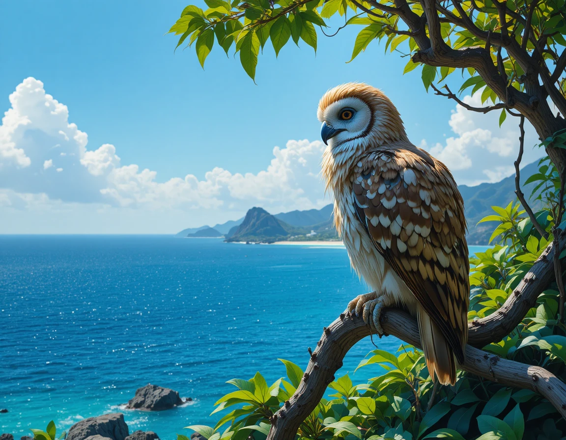 Maestoso falco appollaiato su un rigoglioso ramo di albero tropicale