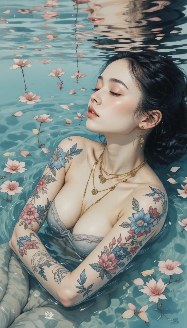 Surreal woman floating lightly on calm reflective water