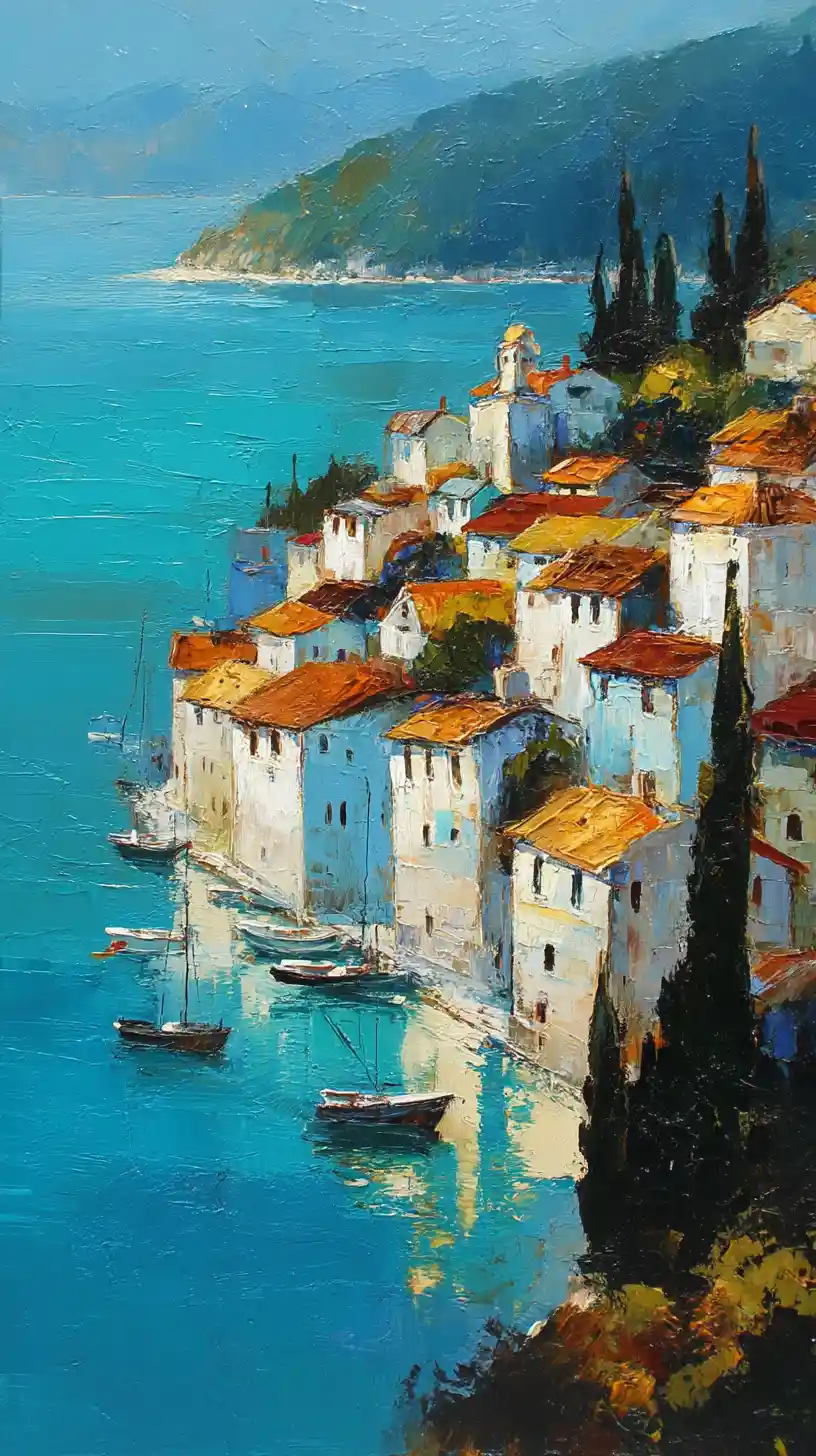 Impressionist coastal hillside town above a turquoise harbor