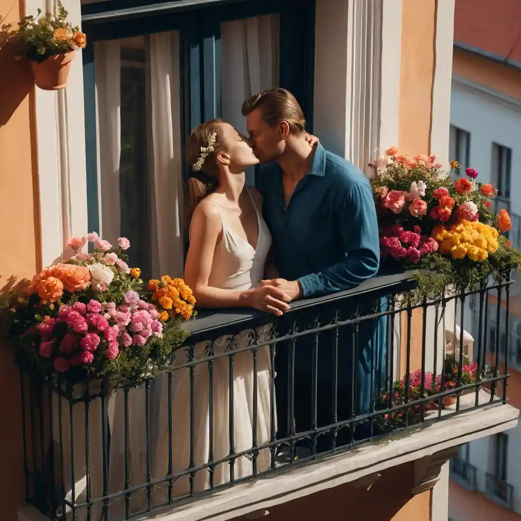 Bacio romantico tra due balconi in una ripresa cinematografica dall’alto
