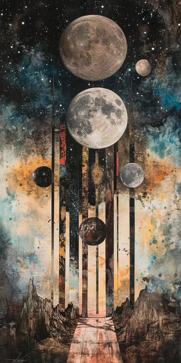 Surreal ufo and moon illusion in cosmic collage artwork