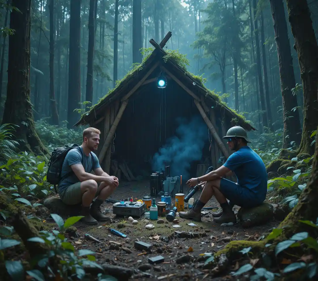 Three men building a survival shelter in dense forest