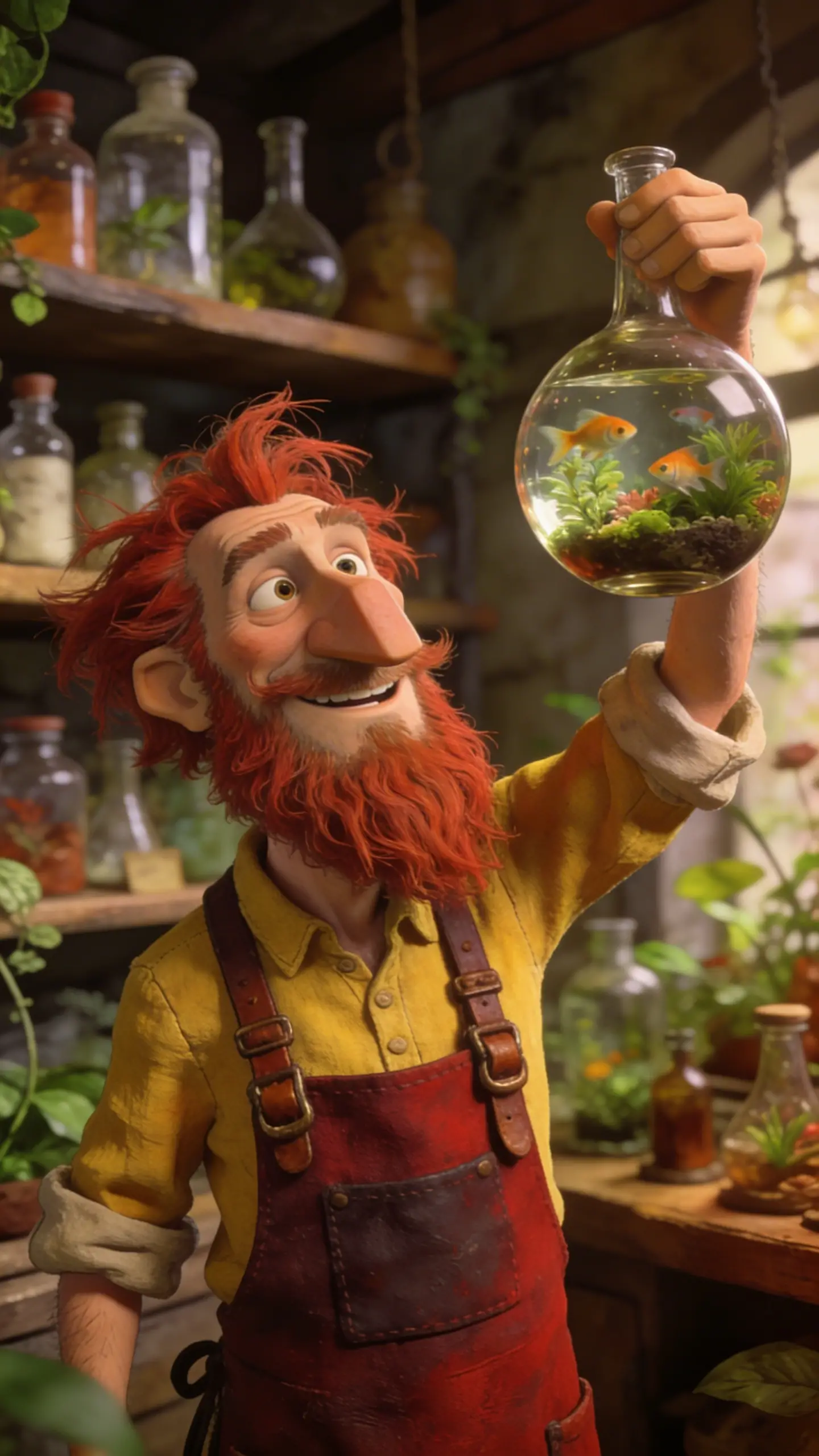Bärtiger Apotheker mit kleinem Aquariumkolben