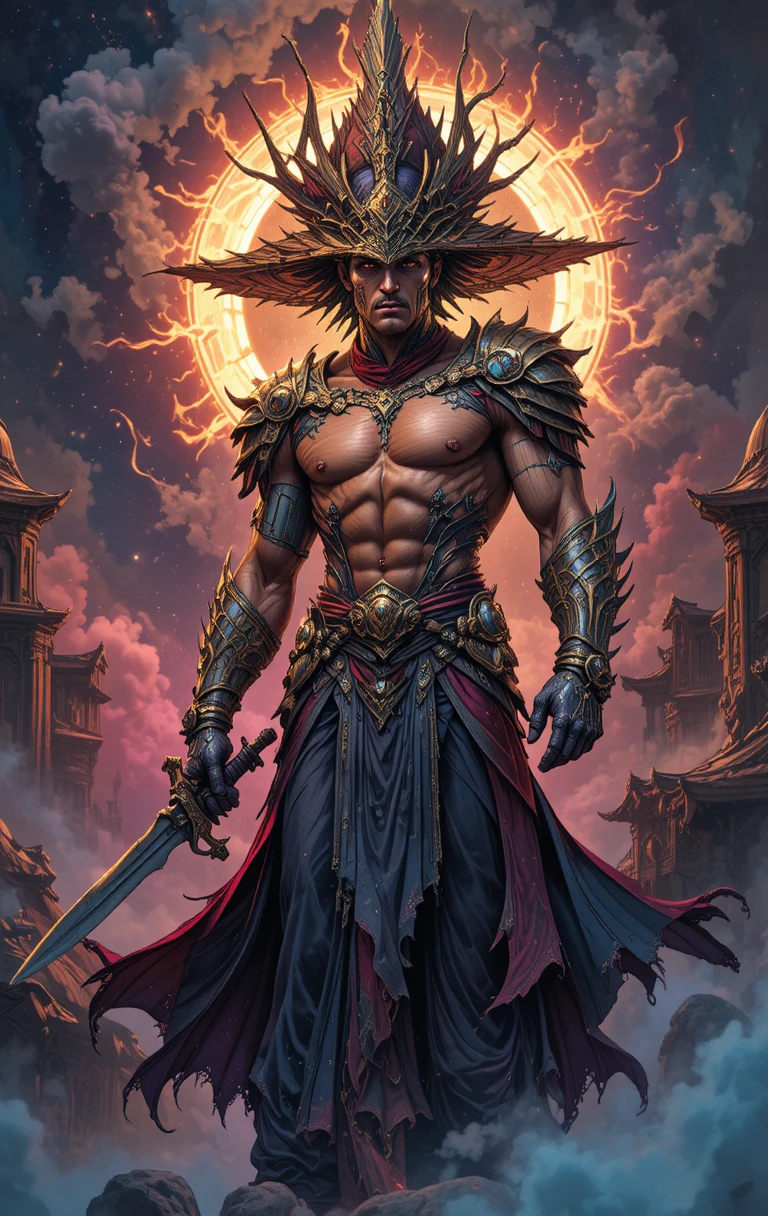 Mystical warrior with ornate armor and glowing halo