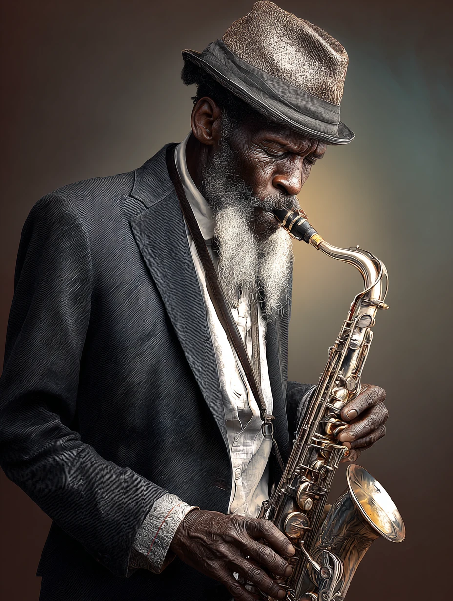 Saxofonista de jazz mais velho de terno e chapéu com luz suave e romântica